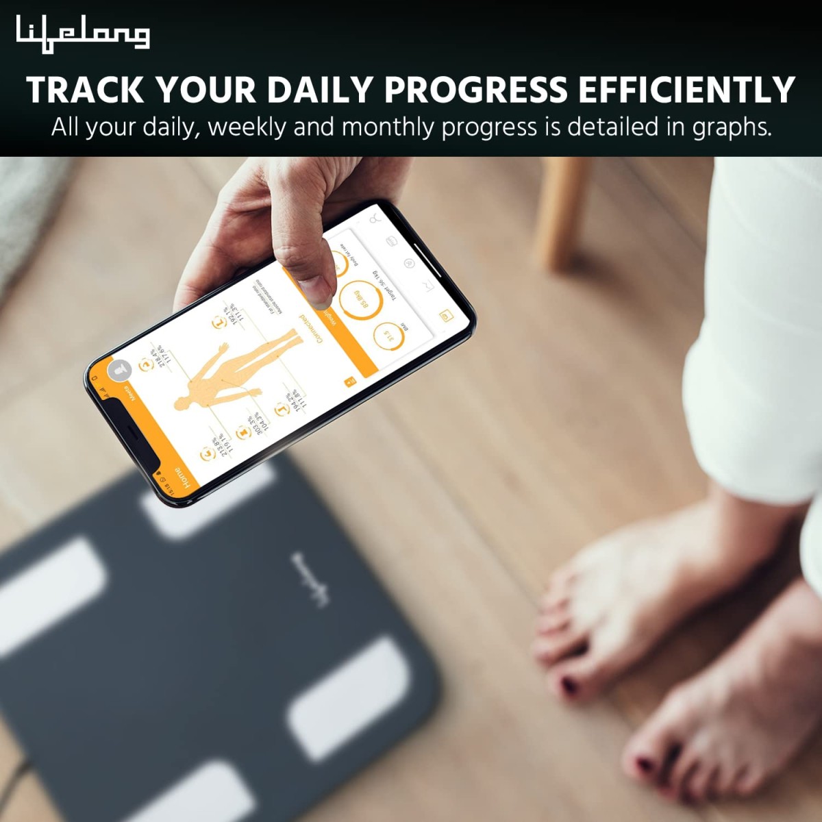 Lifelong 8 electrode Smart Body Fat Scale (With handle, on weight machine display and Bmi on app) - Black Lifelong 8 electrode Smart Body Fat Scale (With handle, on weight machine display and Bmi on app) - Black