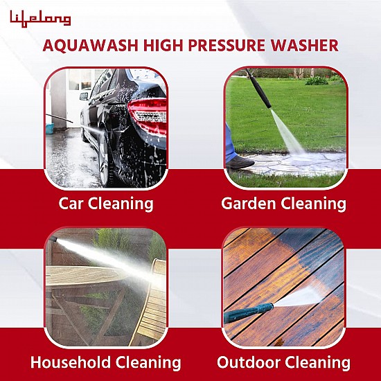 Lifelong Aquawash High Pressure Washer 1700W, Universal Motor, Pressure-135 Bar, Max Flow-400 L/hr,Working Radius 10m,Hose Pipe for Home, Car Cleaning & Garden Washer