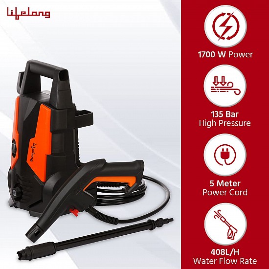 Lifelong Aquawash High Pressure Washer 1700W, Universal Motor, Pressure-135 Bar, Max Flow-400 L/hr,Working Radius 10m,Hose Pipe for Home, Car Cleaning & Garden Washer