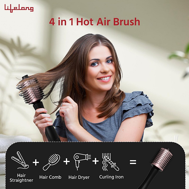 Lifelong Blow Dry Brush | 1 Year Warranty | Hot Air Brush, 1200 Watts, 4 in 1 Hair Styling Brush, Attachments For Blow Dryer, Straightening Comb, Curler & Hot Air Brush (Rose Gold)