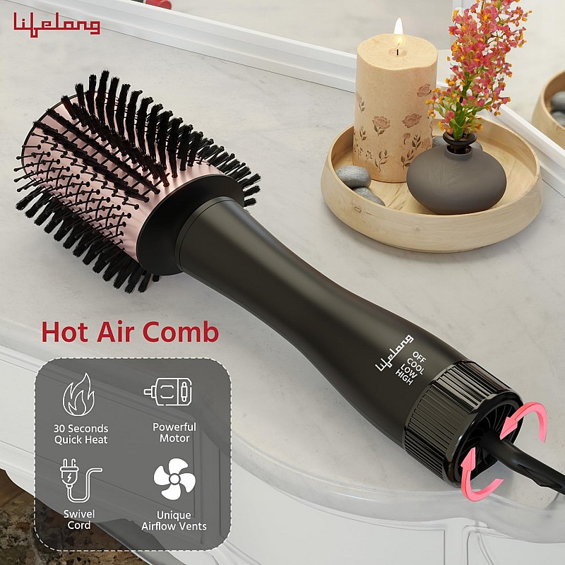 Lifelong Blow Dry Brush | 1 Year Warranty | Hot Air Brush, 1200 Watts, 4 in 1 Hair Styling Brush, Attachments For Blow Dryer, Straightening Comb, Curler & Hot Air Brush (Rose Gold)