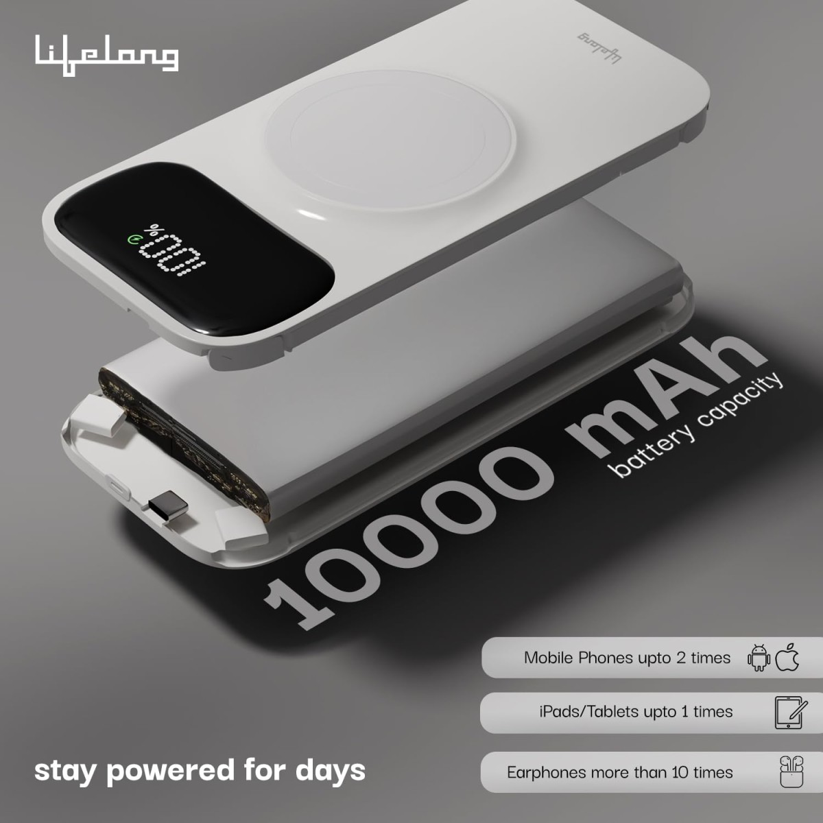 Lifelong ChargeMate 10000 mAh 22.5 W Wireless with MagSafe Slim Pocket Size Power Bank (White, Lithium Polymer, Fast Charging, Quick Charge 3.0 for Earbuds, Mobile, Smartwatch, Speaker, Tablet) Lifelong ChargeMate 10000 mAh 22.5 W Wireless with MagSafe Slim Pocket Size Power Bank (White, Lithium Polymer, Fast Charging, Quick Charge 3.0 for Earbuds, Mobile, Smartwatch, Speaker, Tablet)