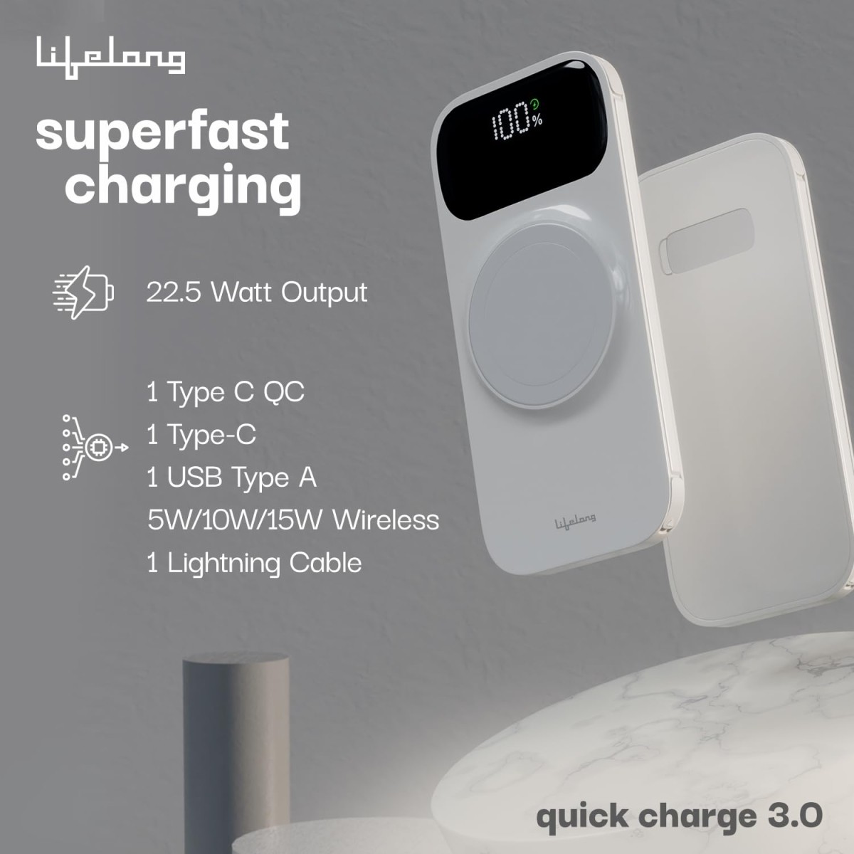 Lifelong ChargeMate 10000 mAh 22.5 W Wireless with MagSafe Slim Pocket Size Power Bank (White, Lithium Polymer, Fast Charging, Quick Charge 3.0 for Earbuds, Mobile, Smartwatch, Speaker, Tablet) Lifelong ChargeMate 10000 mAh 22.5 W Wireless with MagSafe Slim Pocket Size Power Bank (White, Lithium Polymer, Fast Charging, Quick Charge 3.0 for Earbuds, Mobile, Smartwatch, Speaker, Tablet)