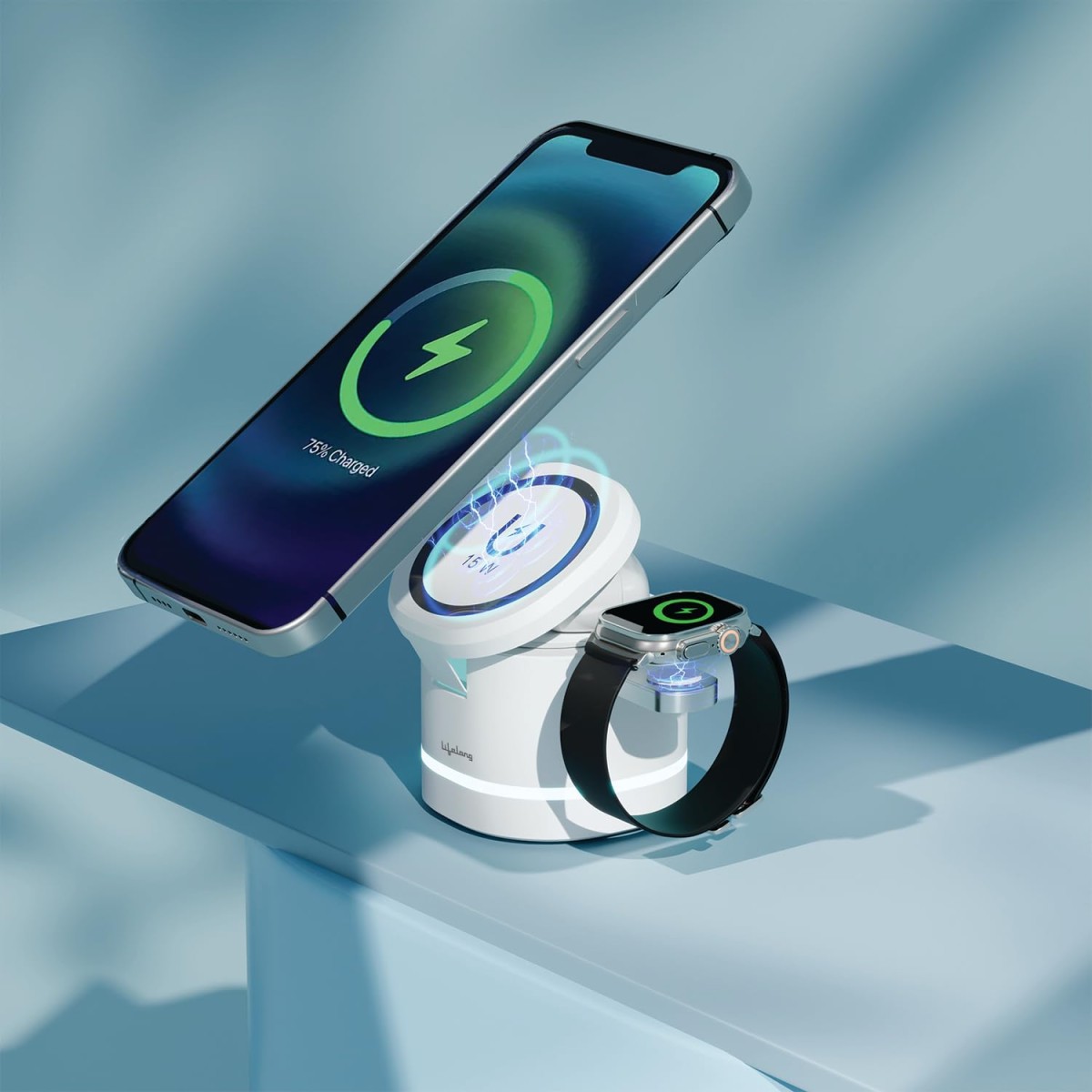 Lifelong Chargeup Wireless Charger 23 W 3 in 1 Foldable Magsafe Charger for iPhone 15/14/13/12 Series, Apple Airpods, Apple Watch, Fast Charging, 3 Outputs, Led Indicator, White