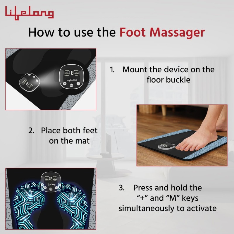 Lifelong EMS Foot Massager- Electric Foot Massager Machine for Pain Relief - 8 Modes, 19 Intensity Levels - Rechargeable, Wireless, Portable (Black)