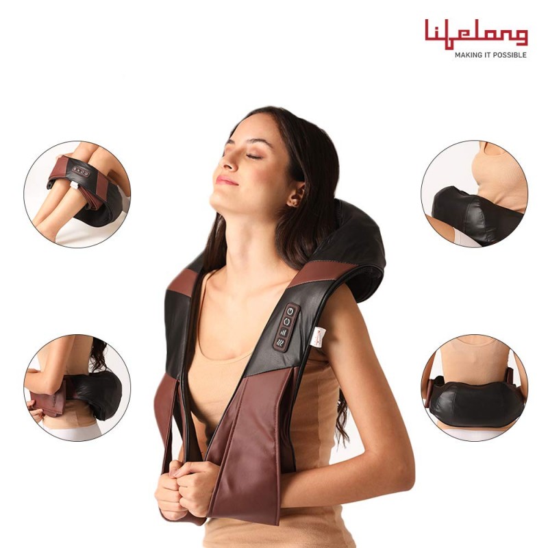 Lifelong Electric Heat Therapy Neck, Shoulder and Back Massager for pain and stress relief with Bag (Brown,LLM630)