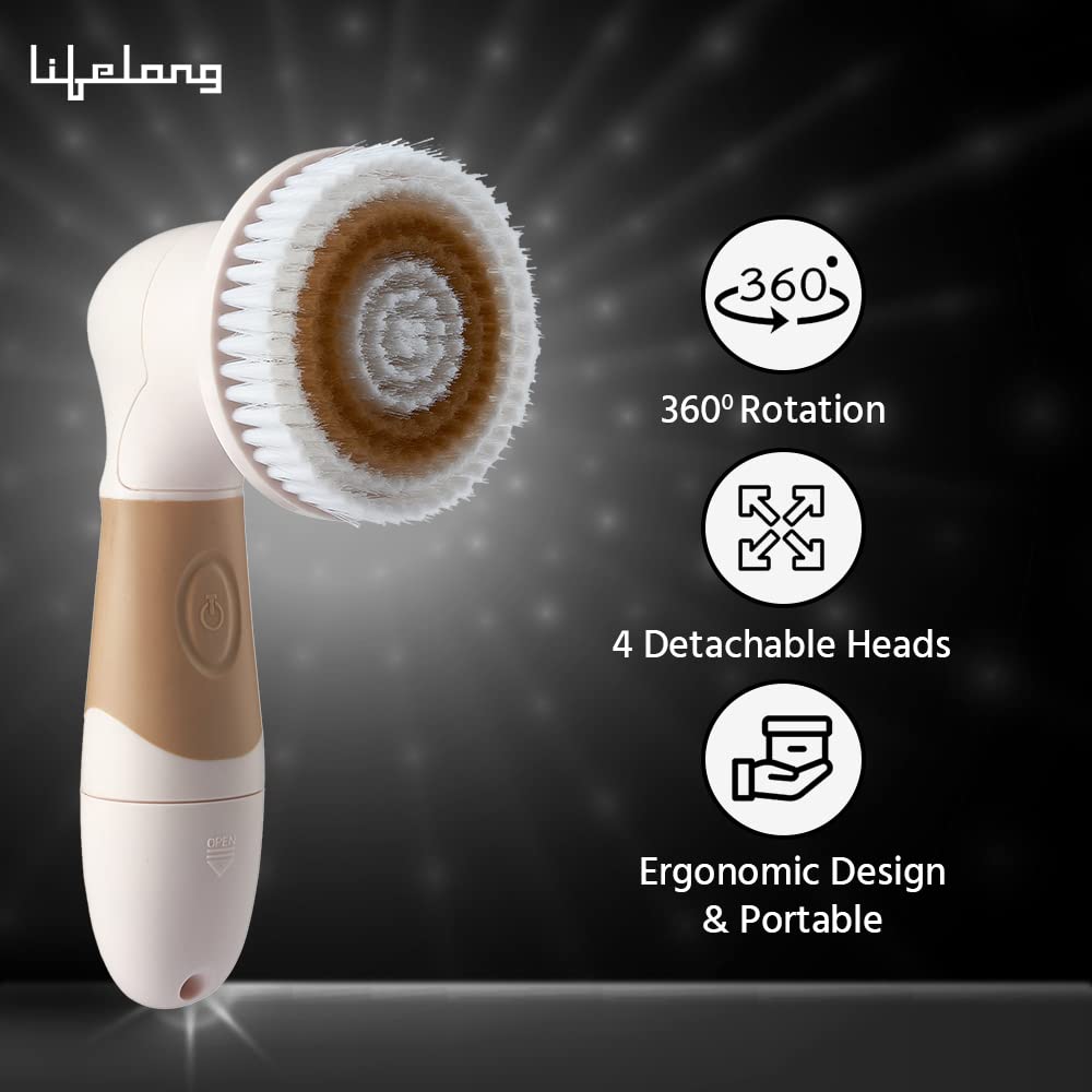 Lifelong Electric Portable Face Cleanser and Massager Brush with 4 Brush Heads for Deep Cleansing, Scrubbing, Exfoliating, Removing Blackhead and Massaging, Brown