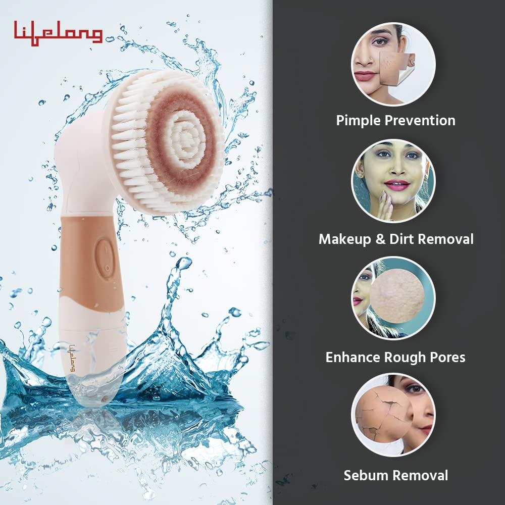 Lifelong Electric Portable Face Cleanser and Massager Brush with 4 Brush Heads for Deep Cleansing, Scrubbing, Exfoliating, Removing Blackhead and Massaging, Brown