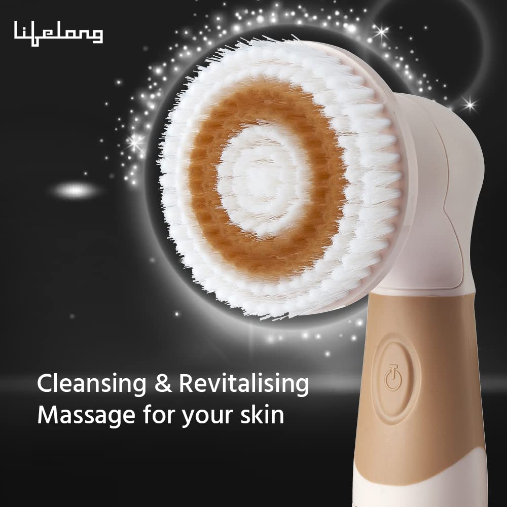 Lifelong Electric Portable Face Cleanser and Massager Brush with 4 Brush Heads for Deep Cleansing, Scrubbing, Exfoliating, Removing Blackhead and Massaging, Brown