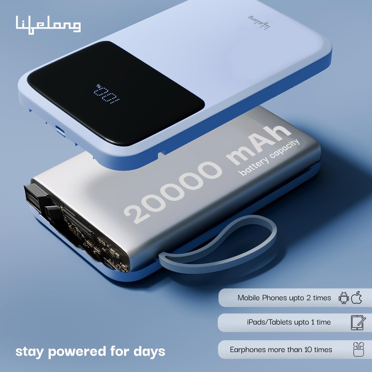 Lifelong Electronics 20000mAh 22.5W Fast Charging Power Bank | 3 Inputs (in-Built USB Cable + Lightning + Type-C Port)