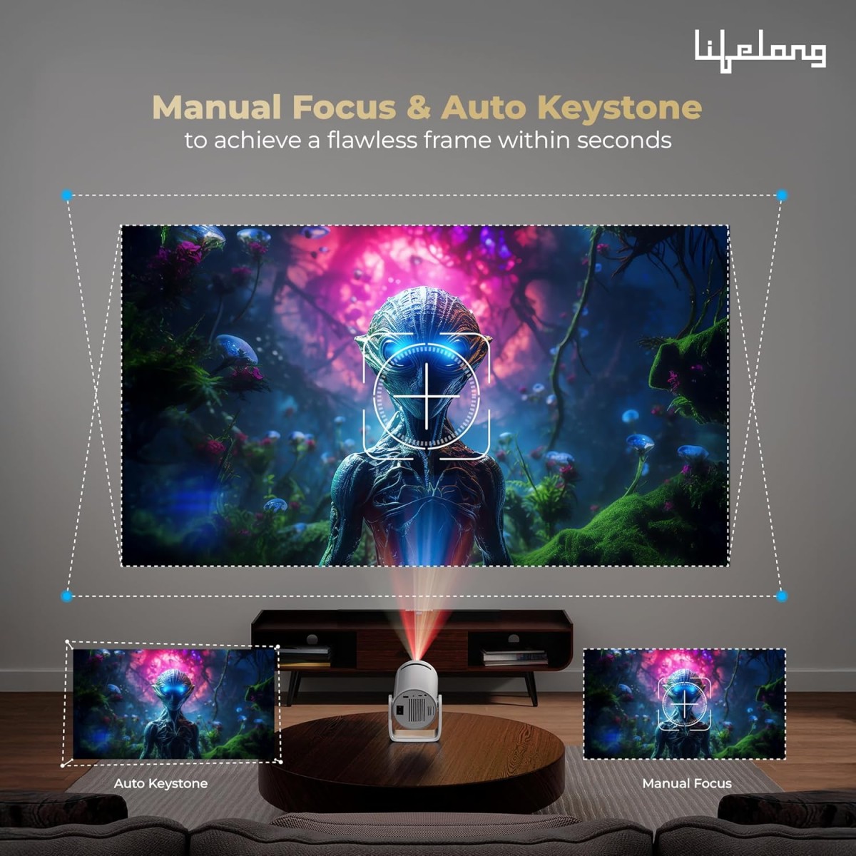 Lifelong Electronics Lightbeam Smart Projector | Android, 1080P& 4K Ultra Support, 3000 Lumens, 720p Native | for Room & Outdoors | All OTT Apps | WiFi/BT, Mirroring, USB, HDMI, 180°, Speakers Lifelong Electronics Lightbeam Smart Projector | Android, 1080P& 4K Ultra Support, 3000 Lumens, 720p Native | for Room & Outdoors | All OTT Apps | WiFi/BT, Mirroring, USB, HDMI, 180°, Speakers