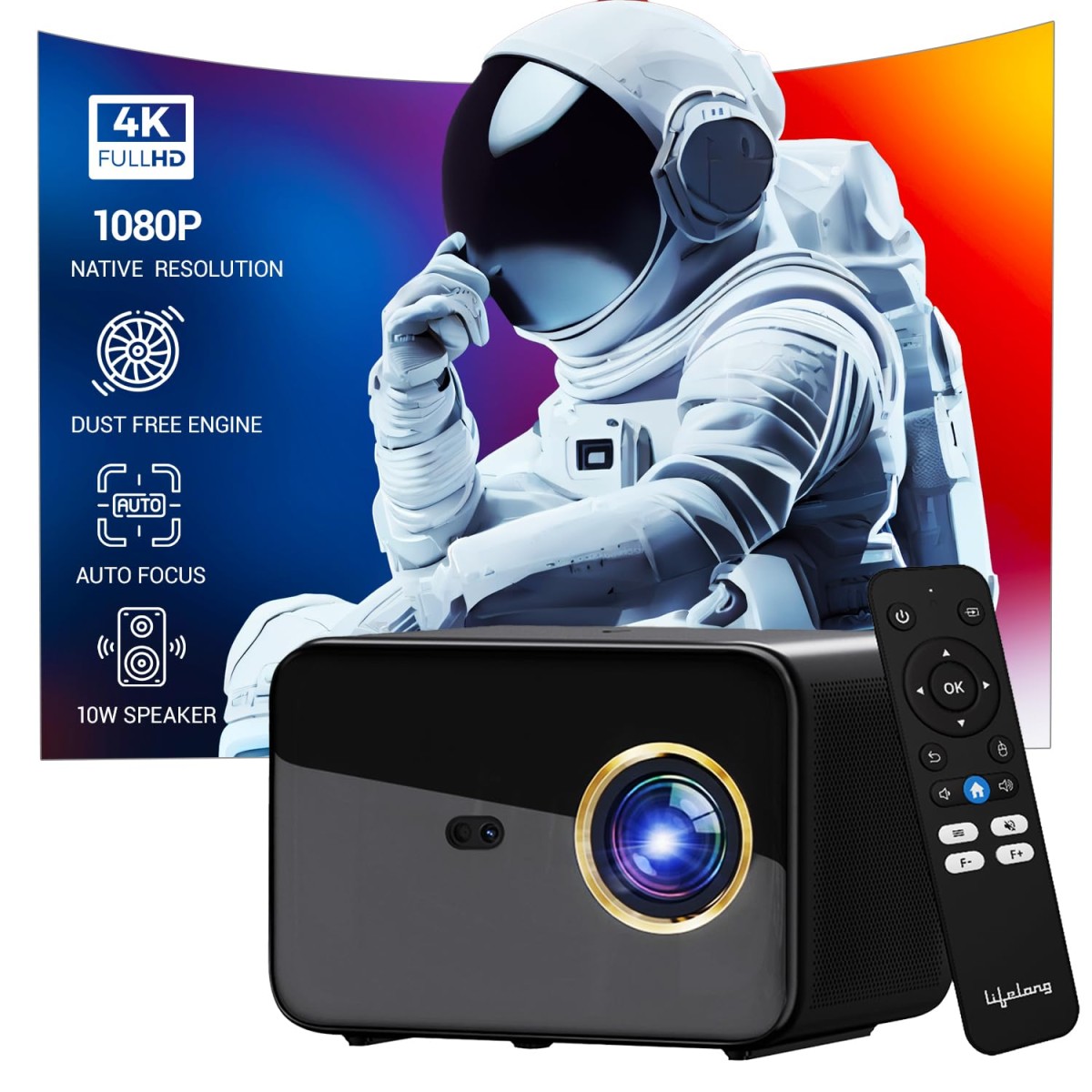 Lifelong Electronics SmartStream Projector | Android, 1080P Full HD Native & 4K Ultra HD Support | 7000 Lumens | for Room & Outdoors | All OTT Apps | WiFi/BT, Mirroring, USB, ARC, HDMI, 10W Woofers Lifelong Electronics SmartStream Projector | Android, 1080P Full HD Native & 4K Ultra HD Support | 7000 Lumens | for Room & Outdoors | All OTT Apps | WiFi/BT, Mirroring, USB, ARC, HDMI, 10W Woofers