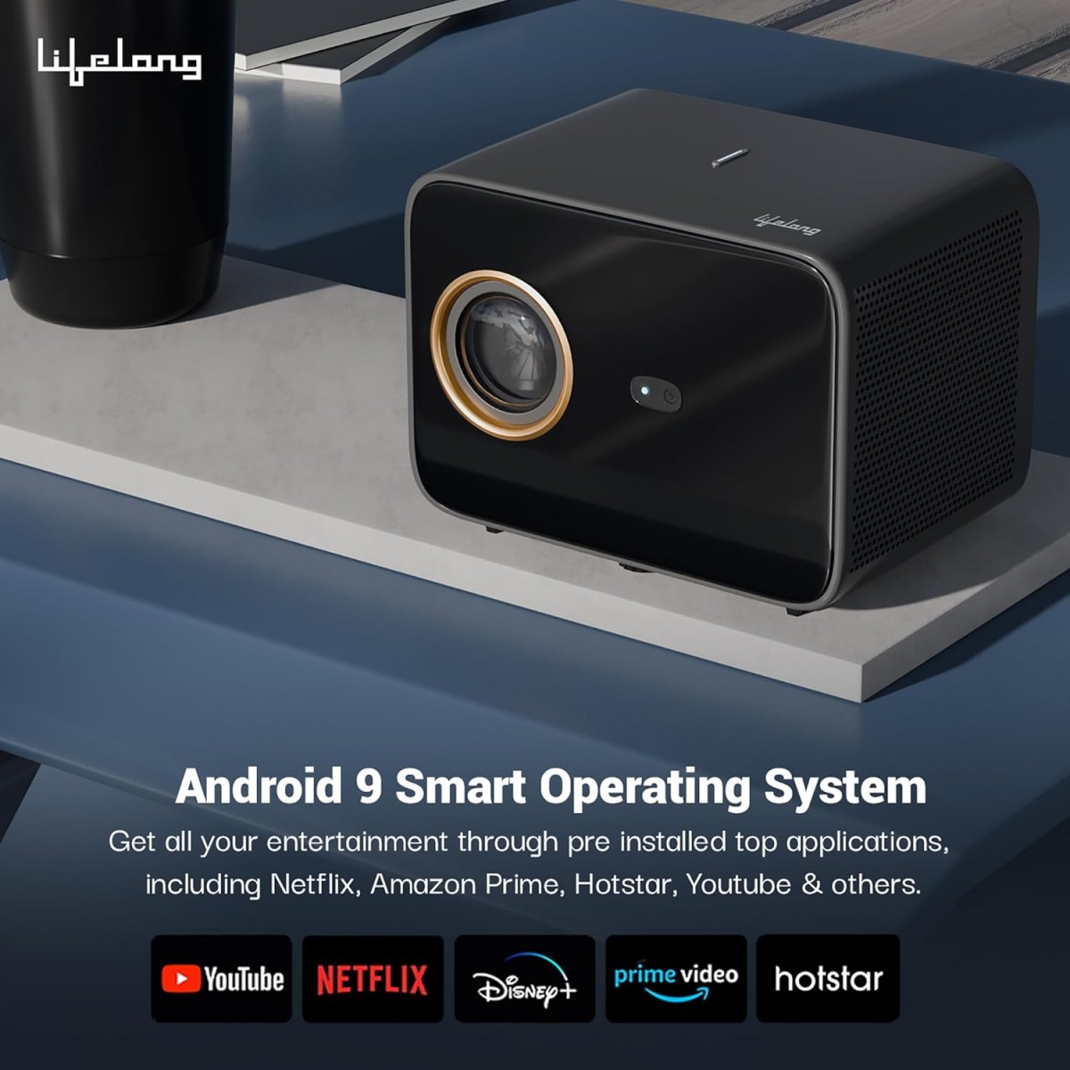 Lifelong Electronics SmartStream Projector | Android, 1080P Full HD Native & 4K Ultra HD Support | 7000 Lumens | for Room & Outdoors | All OTT Apps | WiFi/BT, Mirroring, USB, ARC, HDMI, 10W Woofers Lifelong Electronics SmartStream Projector | Android, 1080P Full HD Native & 4K Ultra HD Support | 7000 Lumens | for Room & Outdoors | All OTT Apps | WiFi/BT, Mirroring, USB, ARC, HDMI, 10W Woofers