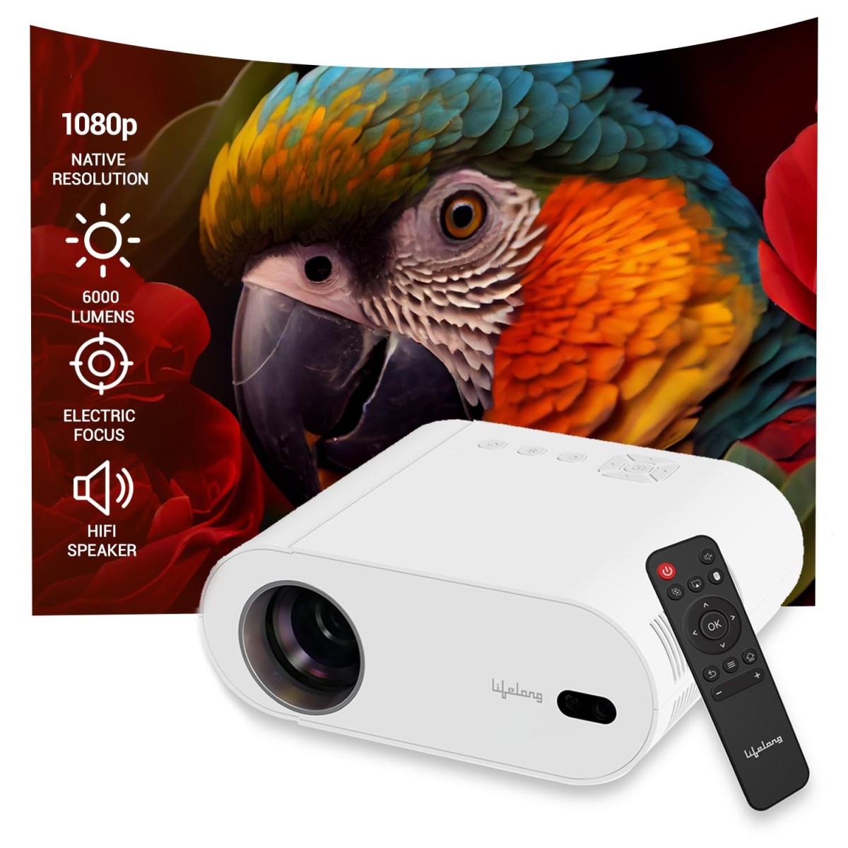 Lifelong Electronics TruePixel Smart Projector | Android, 1080P Full HD Native & 4K Ultra HD Support | 6000 Lumens | for Room & Outdoors | All OTT Apps | WiFi/BT, Mirroring, USB, HDMI, Speakers