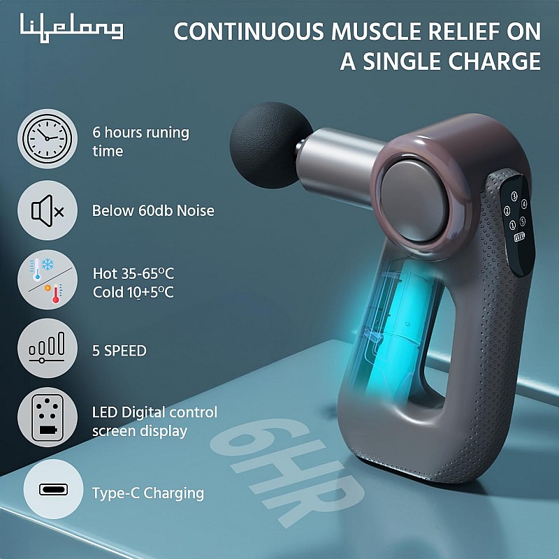 Lifelong Gun Massager for Pain Relief - Massage Gun Machine for Fully Body - Gun Massager Rechargeable with 6 Speed Setting for Muscle Massage of Back, Neck, Shoulder, Hand, Foot & Leg for daily use