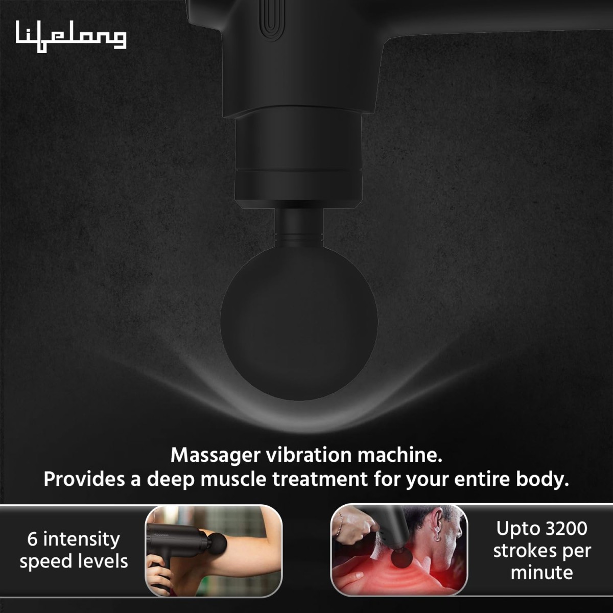 Lifelong LLGM109 Percussion Massage Gun for Pain Relief, Deep Tissue, 6 Speeds & 7 Massage Heads, Cordless, Quiet Operation for Neck, Shoulders, Back, Arms, Legs & Feet (Black)