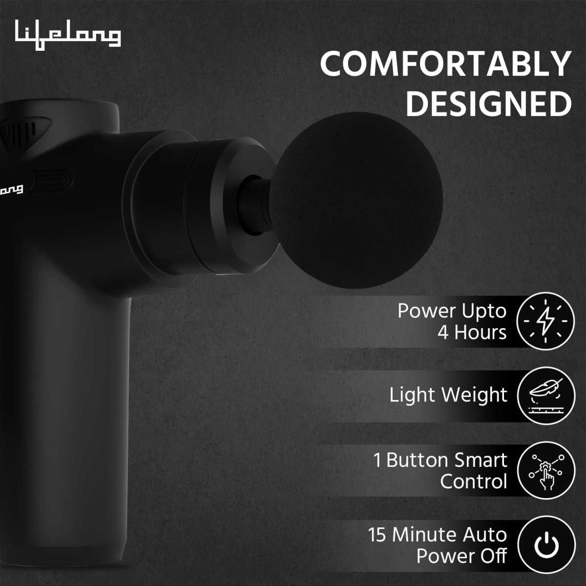 Lifelong LLGM109 Percussion Massage Gun for Pain Relief, Deep Tissue, 6 Speeds & 7 Massage Heads, Cordless, Quiet Operation for Neck, Shoulders, Back, Arms, Legs & Feet (Black)