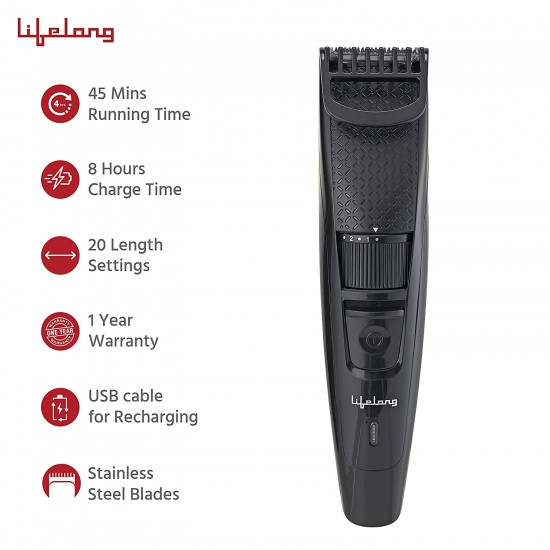 Lifelong Trimmer- 45 Minutes Runtime 20 Length Settings | Cordless, Rechargeable Trimmer with 1 Year Warranty (LLPCM13, Black)