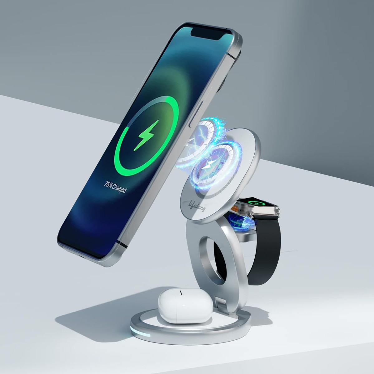 Lifelong Zerocord Wireless Charger 23 W 3 in 1 Foldable Magsafe Charger for iPhone 15/14/13/12 Series, Apple Airpods, Apple Watch, Fast Charging, 3 Outputs, Led Indicator, Silver Lifelong Zerocord Wireless Charger 23 W 3 in 1 Foldable Magsafe Charger for iPhone 15/14/13/12 Series, Apple Airpods, Apple Watch, Fast Charging, 3 Outputs, Led Indicator, Silver