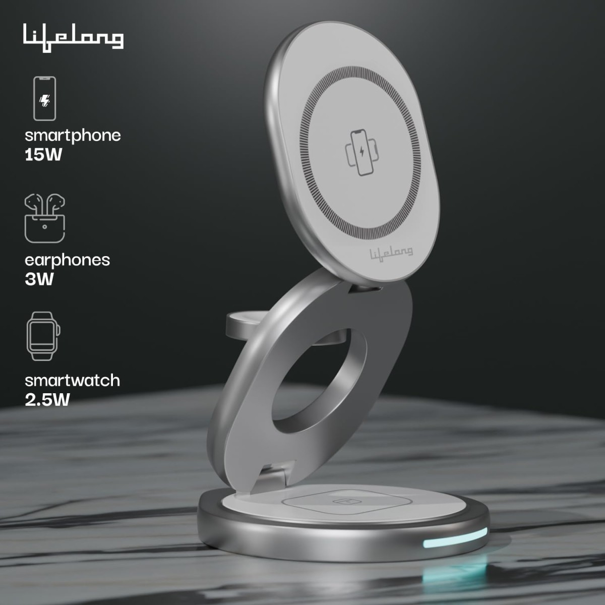 Lifelong Zerocord Wireless Charger 23 W 3 in 1 Foldable Magsafe Charger for iPhone 15/14/13/12 Series, Apple Airpods, Apple Watch, Fast Charging, 3 Outputs, Led Indicator, Silver Lifelong Zerocord Wireless Charger 23 W 3 in 1 Foldable Magsafe Charger for iPhone 15/14/13/12 Series, Apple Airpods, Apple Watch, Fast Charging, 3 Outputs, Led Indicator, Silver