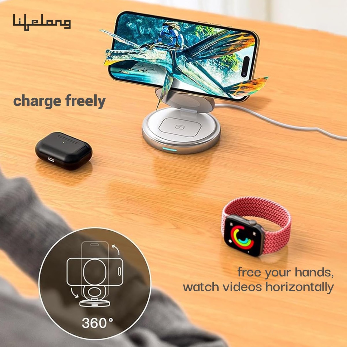 Lifelong Zerocord Wireless Charger 23 W 3 in 1 Foldable Magsafe Charger for iPhone 15/14/13/12 Series, Apple Airpods, Apple Watch, Fast Charging, 3 Outputs, Led Indicator, Silver Lifelong Zerocord Wireless Charger 23 W 3 in 1 Foldable Magsafe Charger for iPhone 15/14/13/12 Series, Apple Airpods, Apple Watch, Fast Charging, 3 Outputs, Led Indicator, Silver