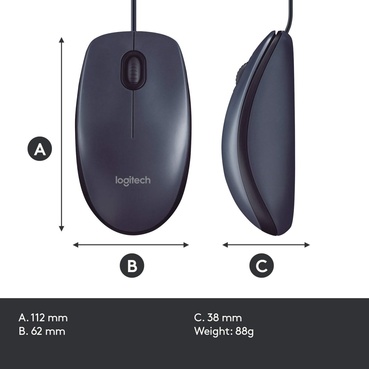 Logitech B100 Corded Wired USB Right or Left Hand Use Mouse for Computers and laptops - Black