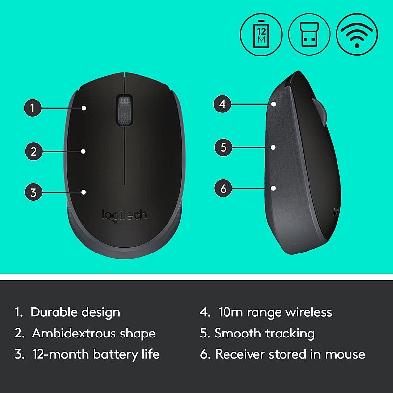 Logitech B170 Wireless Mouse, 2.4 GHz with USB Nano Receiver Black