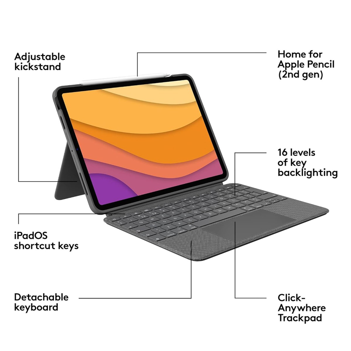 Logitech Combo Touch iPad Air (4th and 5th Gen) Keyboard Case - Detachable Backlit Keyboard with Kickstand, Click-Anywhere Trackpad, Smart Connector - Grey, QWERTY UK Layout, Medium