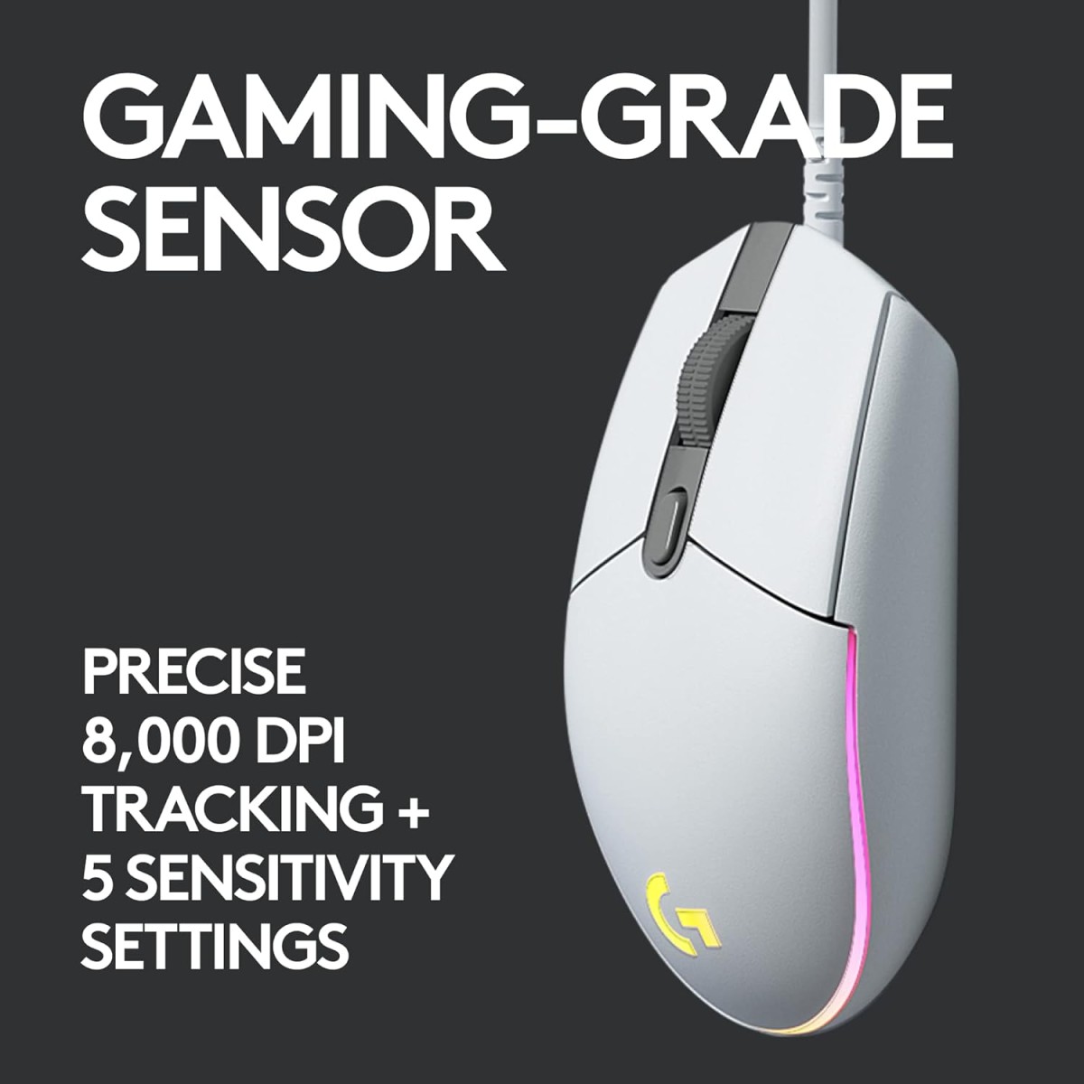 Logitech G102 Light Sync Gaming Mouse with Customizable RGB Lighting, 6 Programmable Buttons, Gaming Grade Sensor, 8K DPI Tracking,16.8mn Color, Light Weight - White