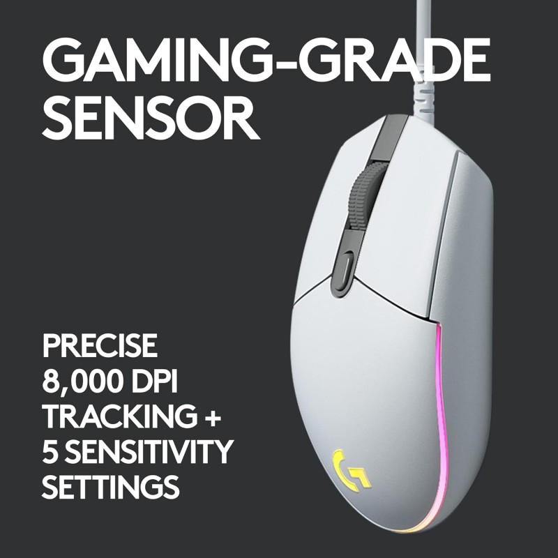 Logitech G102 Light Sync Gaming Mouse with Customizable RGB Lighting, 6 Programmable Buttons, Gaming Grade Sensor, 8K DPI Tracking,16.8mn Color, Light Weight - White Logitech G102 Light Sync Gaming Mouse with Customizable RGB Lighting, 6 Programmable Buttons, Gaming Grade Sensor, 8K DPI Tracking,16.8mn Color, Light Weight - White