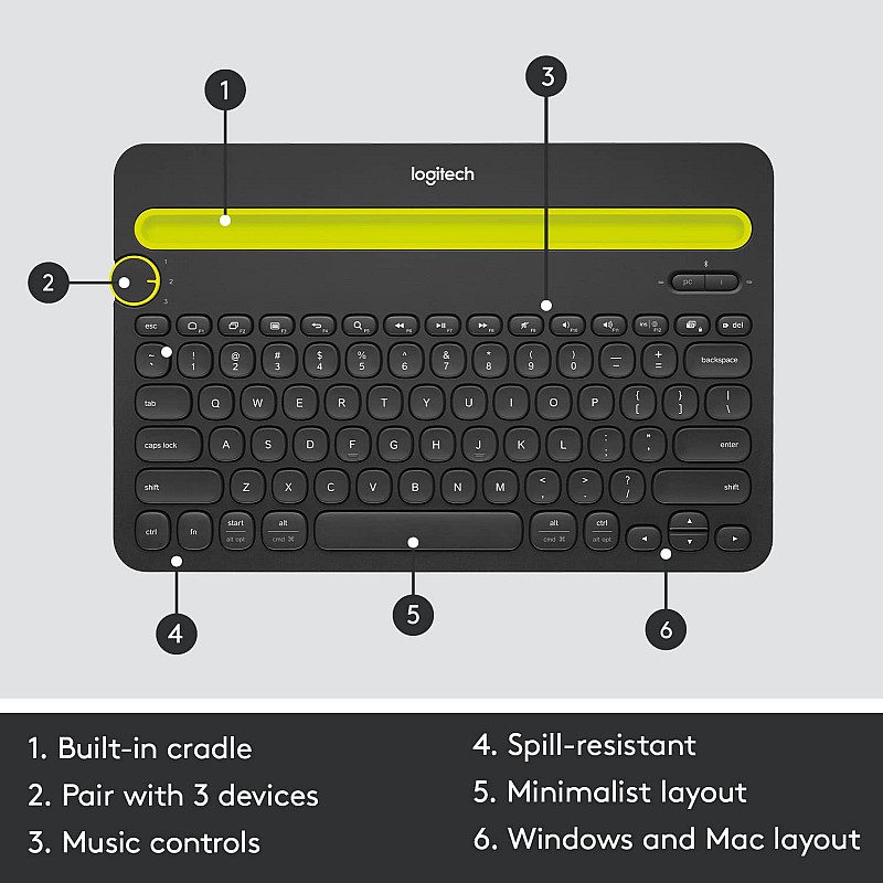 Logitech k480 wireless bluetooth multi device keyboard for windows black