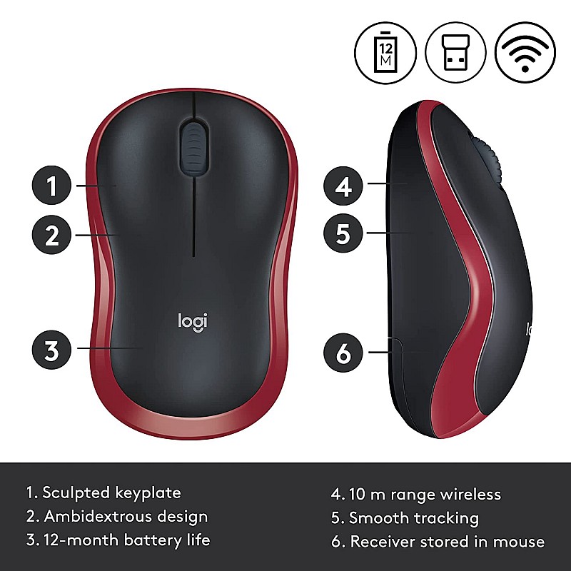 Logitech M185 Wireless Mouse, 2.4GHz with USB Mini Receiver (Red)