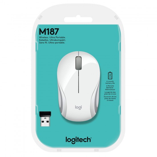 Logitech M187 Ultra Portable Wireless Mouse, 2.4 GHz with USB Receiver White