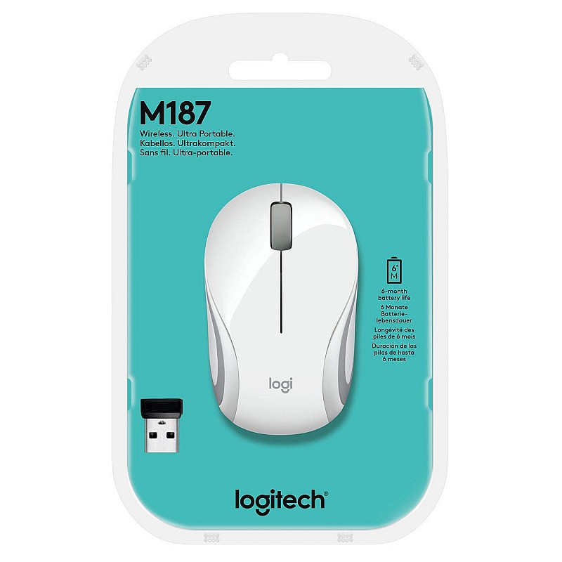 Logitech M187 Ultra Portable Wireless Mouse, 2.4 GHz with USB Receiver White