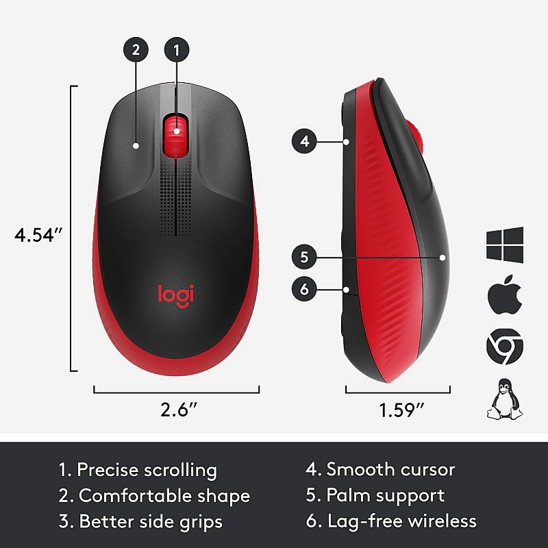 Logitech M190 Wireless Mouse Full Size Ambidextrous Curve Design Red