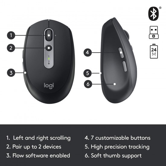 Logitech M590 Multi-Device Silent Bluetooth USB Mouse with 7 Customizable Buttons, Contoured Shape -Graphite
