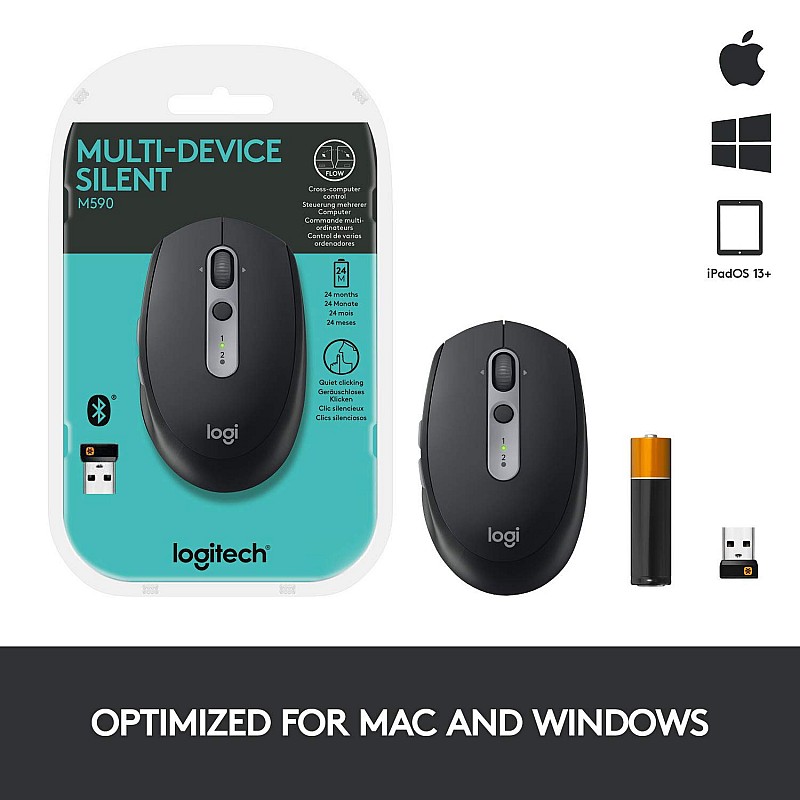 Logitech M590 Multi-Device Silent Bluetooth USB Mouse with 7 Customizable Buttons, Contoured Shape -Graphite