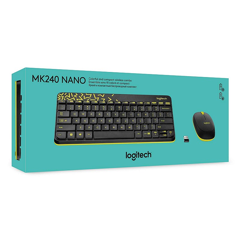 Logitech MK240 Nano Wireless Keyboard and Mouse Combo,12 Function Keys 2.4GHz Wireless Black and Yellow