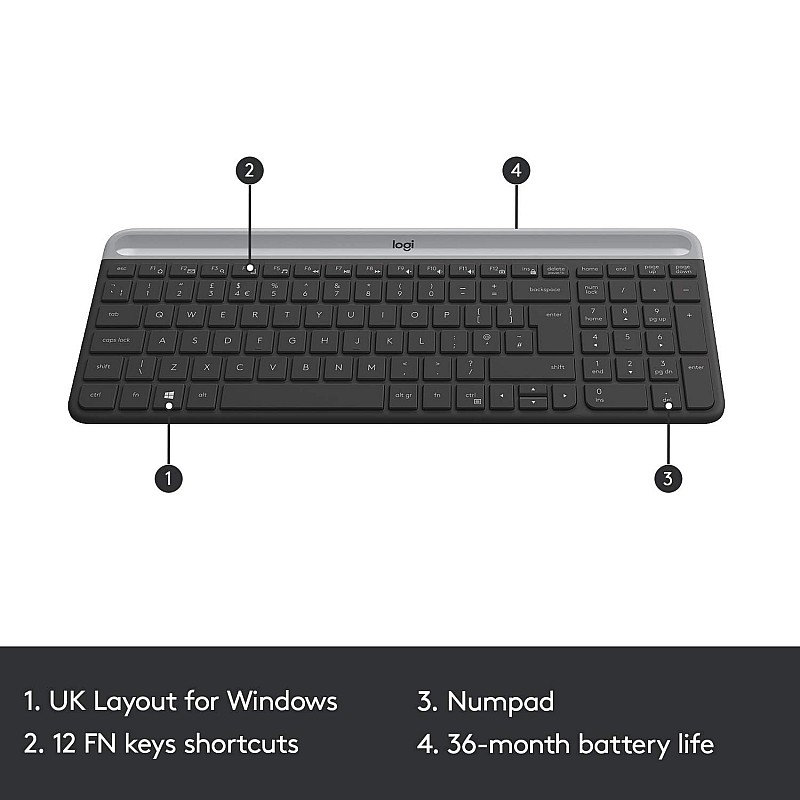 Logitech MK470 Slim Wireless Keyboard & Mouse Combo for Windows, 2.4GHz Unifying USB-Receiver- Graphite