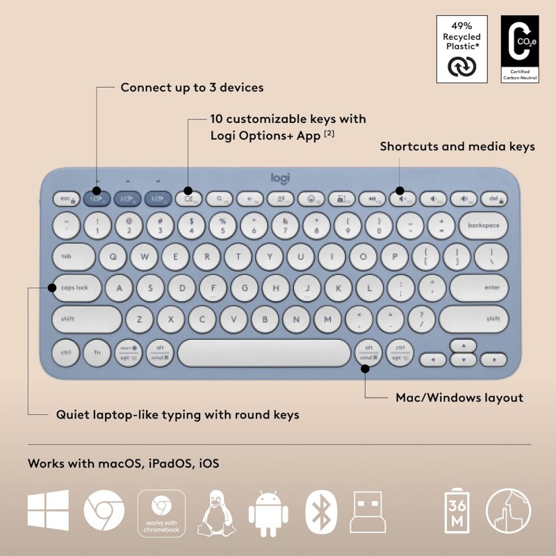 Logitech Pebble 2 Combo, Wireless Keyboard and Mouse, Quiet and Portable, Customisable, Logi Bolt, Bluetooth, Easy-Switch for Windows, macOS, iPadOS, Chrome - Tonal Blue