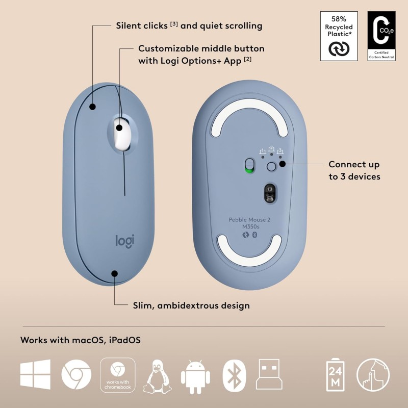 Logitech Pebble 2 Combo, Wireless Keyboard and Mouse, Quiet and Portable, Customisable, Logi Bolt, Bluetooth, Easy-Switch for Windows, macOS, iPadOS, Chrome - Tonal Blue