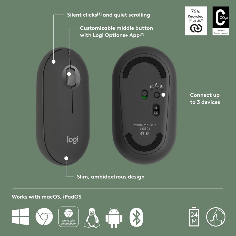 Logitech Pebble Mouse 2 M350s Slim Bluetooth Wireless Mouse, Portable, Lightweight, Customisable Button, Quiet Clicks, Easy-Switch for Windows, macOS, iPadOS, Android, Chrome OS - Tonal Graphite