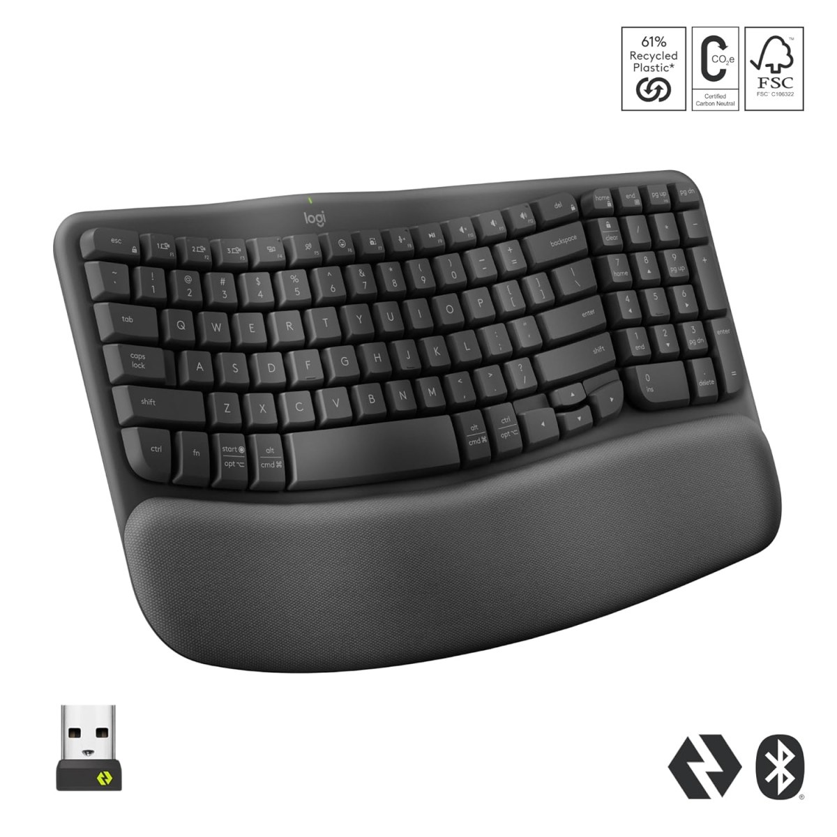 Logitech Wave Keys Wireless Ergonomic Keyboard with Cushioned Palm Rest, Comfortable Natural Typing, Easy-Switch, Bluetooth, Logi Bolt Receiver, for Multi-OS, Windows/Mac - Graphite