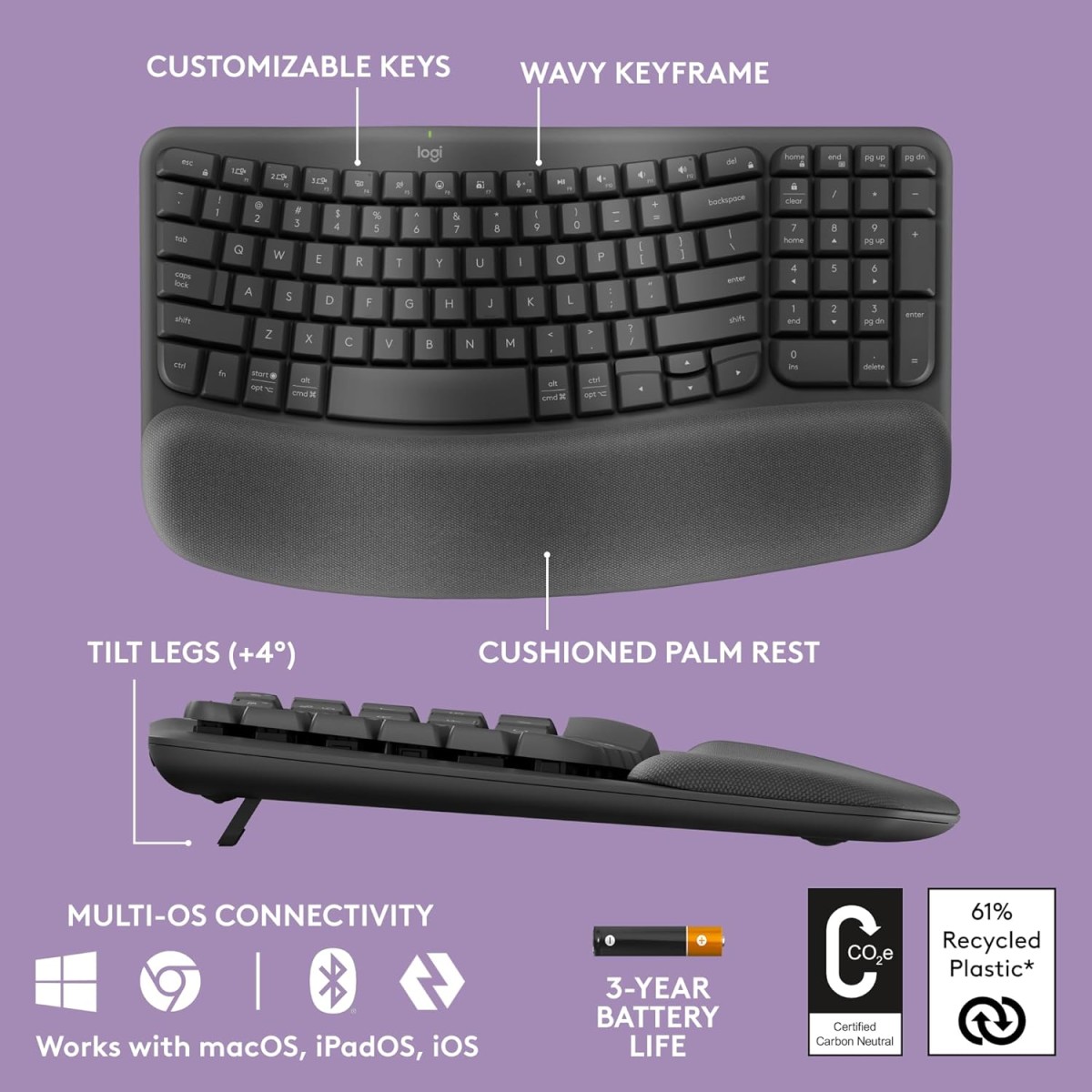 Logitech Wave Keys Wireless Ergonomic Keyboard with Cushioned Palm Rest, Comfortable Natural Typing, Easy-Switch, Bluetooth, Logi Bolt Receiver, for Multi-OS, Windows/Mac - Graphite