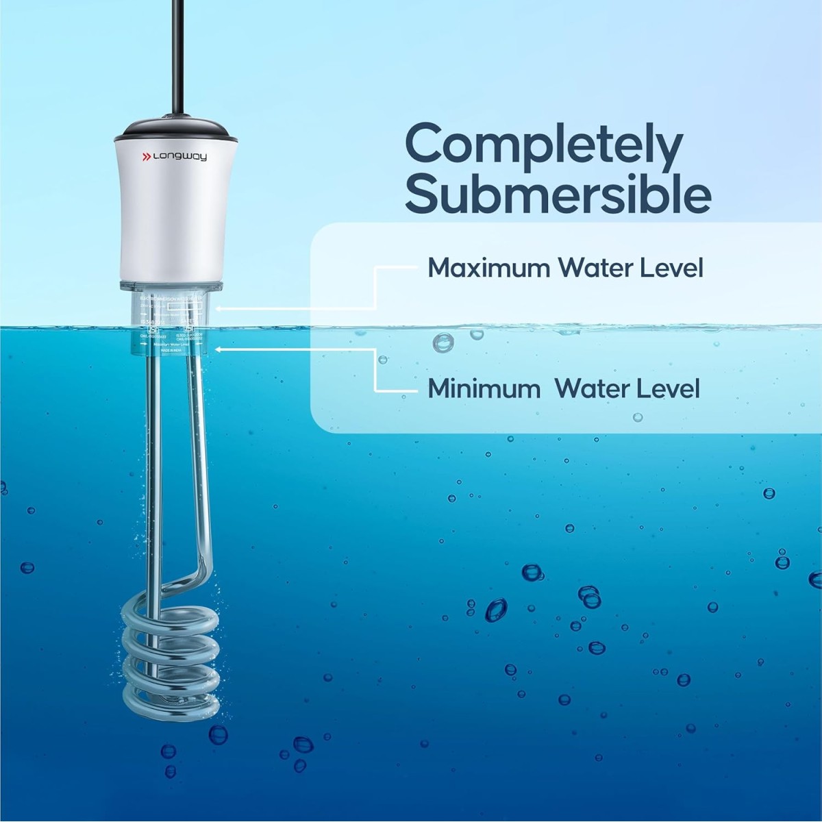 Longway LWIR01 2000W Immersion Water Heater | Anti-Corrosive & Shockproof Immersion Rod with Fast Heating Coil Technology | Nickel Plated | ISI Certified | 2 Year Replacement Warranty (White)