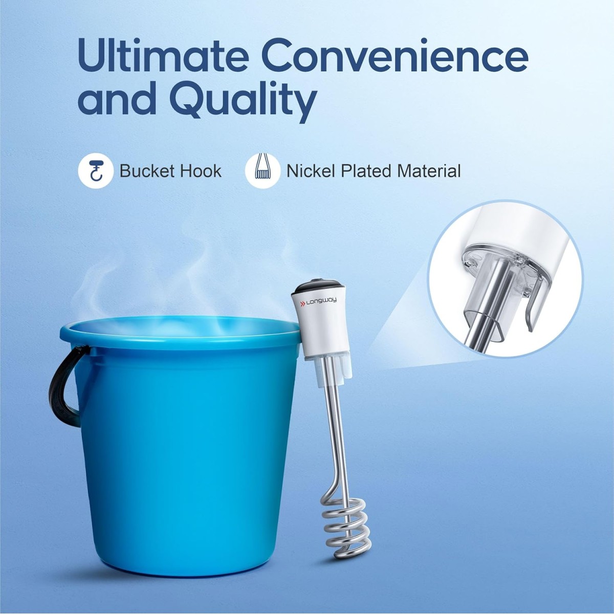 Longway LWIR01 2000W Immersion Water Heater | Anti-Corrosive & Shockproof Immersion Rod with Fast Heating Coil Technology | Nickel Plated | ISI Certified | 2 Year Replacement Warranty (White)