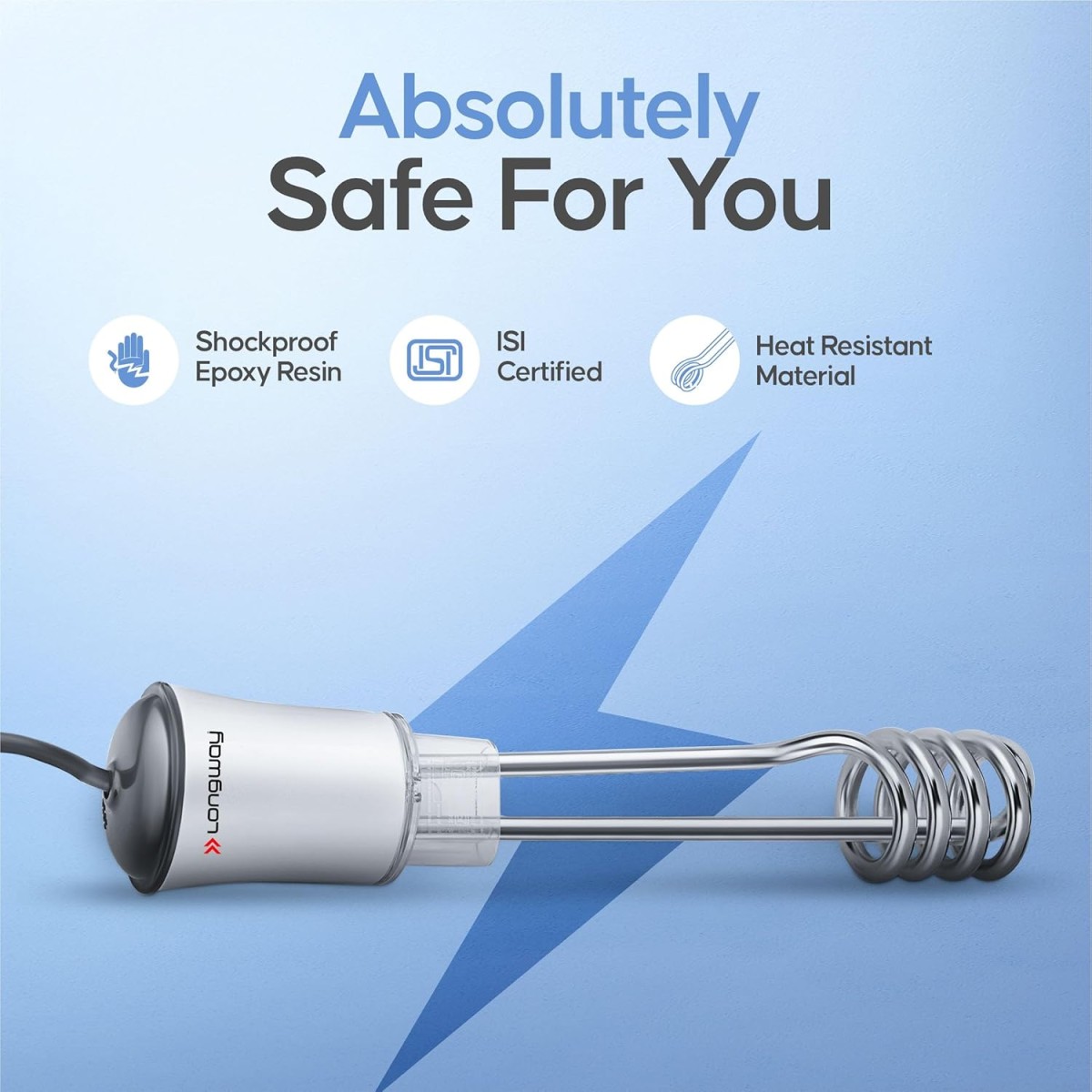 Longway LWIR01 2000W Immersion Water Heater | Anti-Corrosive & Shockproof Immersion Rod with Fast Heating Coil Technology | Nickel Plated | ISI Certified | 2 Year Replacement Warranty (White)