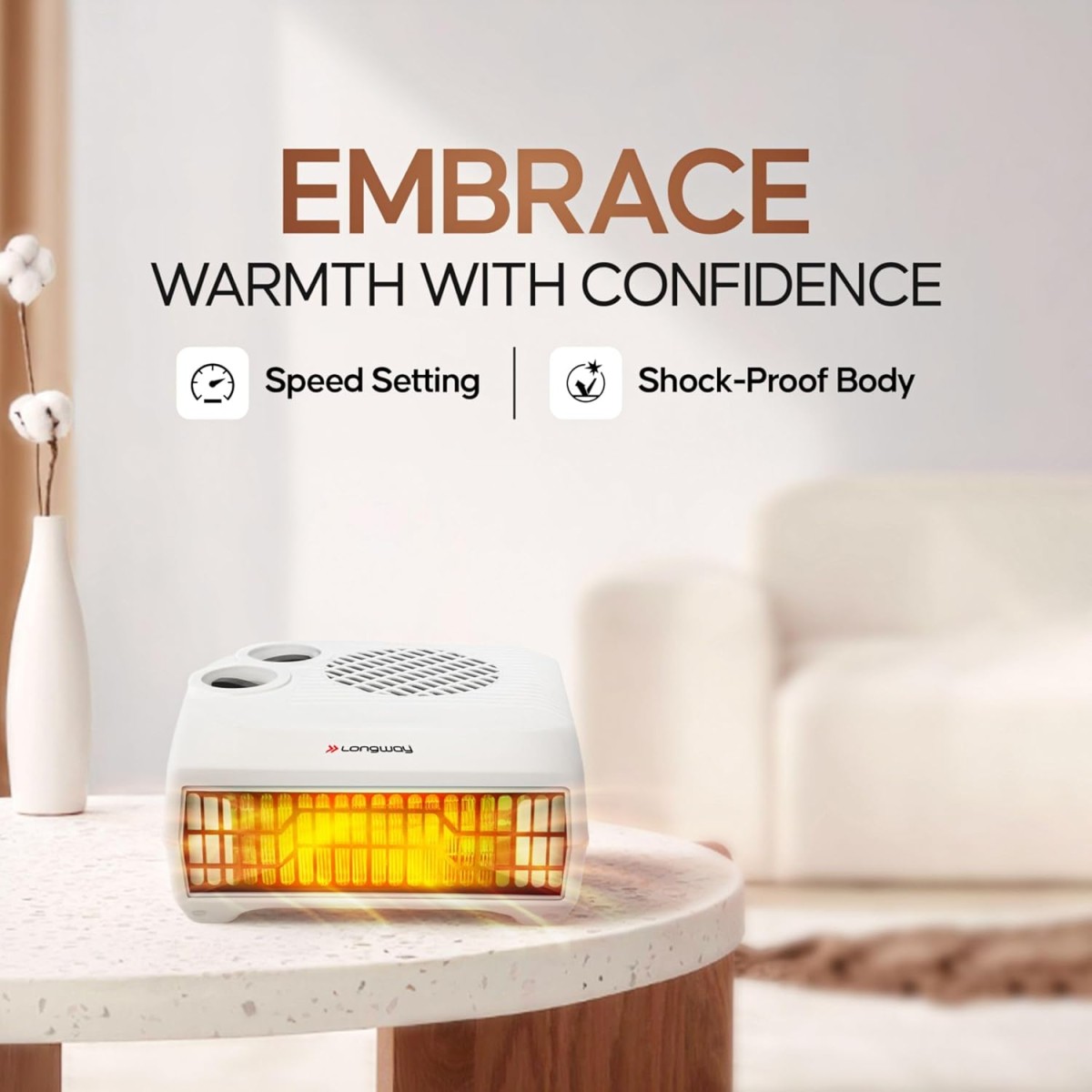 Longway Magma Fan Room Heater | 2 Heat Modes (1000W/2000W) | ISI Approved | Advanced Overheat Protection | PTC Ceramic Element | 1-Year Replacement Warranty | White