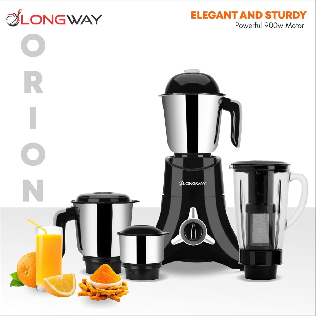 Longway Orion 900 Mixer Grinder with 4 Unbreakable Jars (Powerful Motor with 1 Year warranty, Black & Silver)