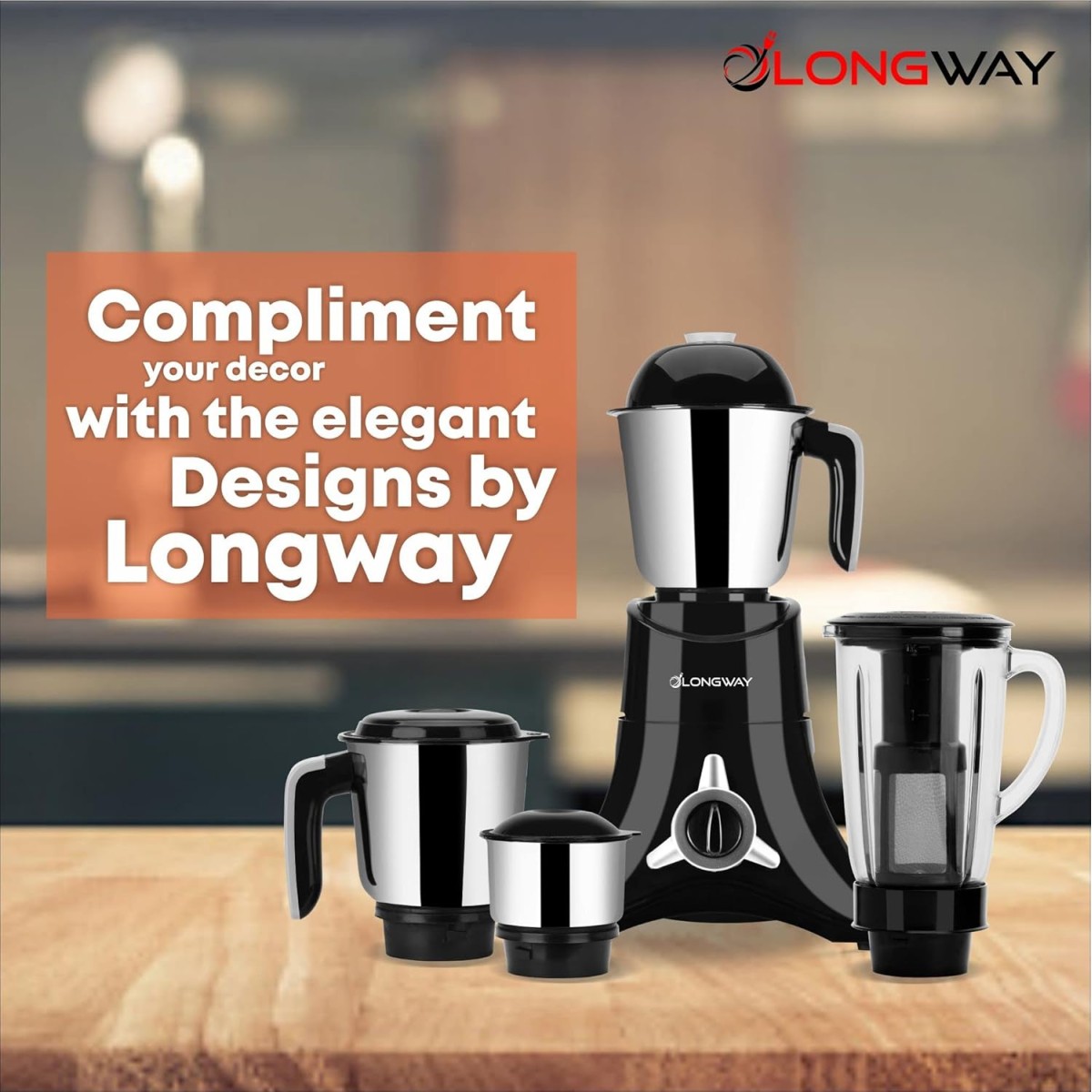 Longway Orion 900 Mixer Grinder with 4 Unbreakable Jars (Powerful Motor with 1 Year warranty, Black & Silver)